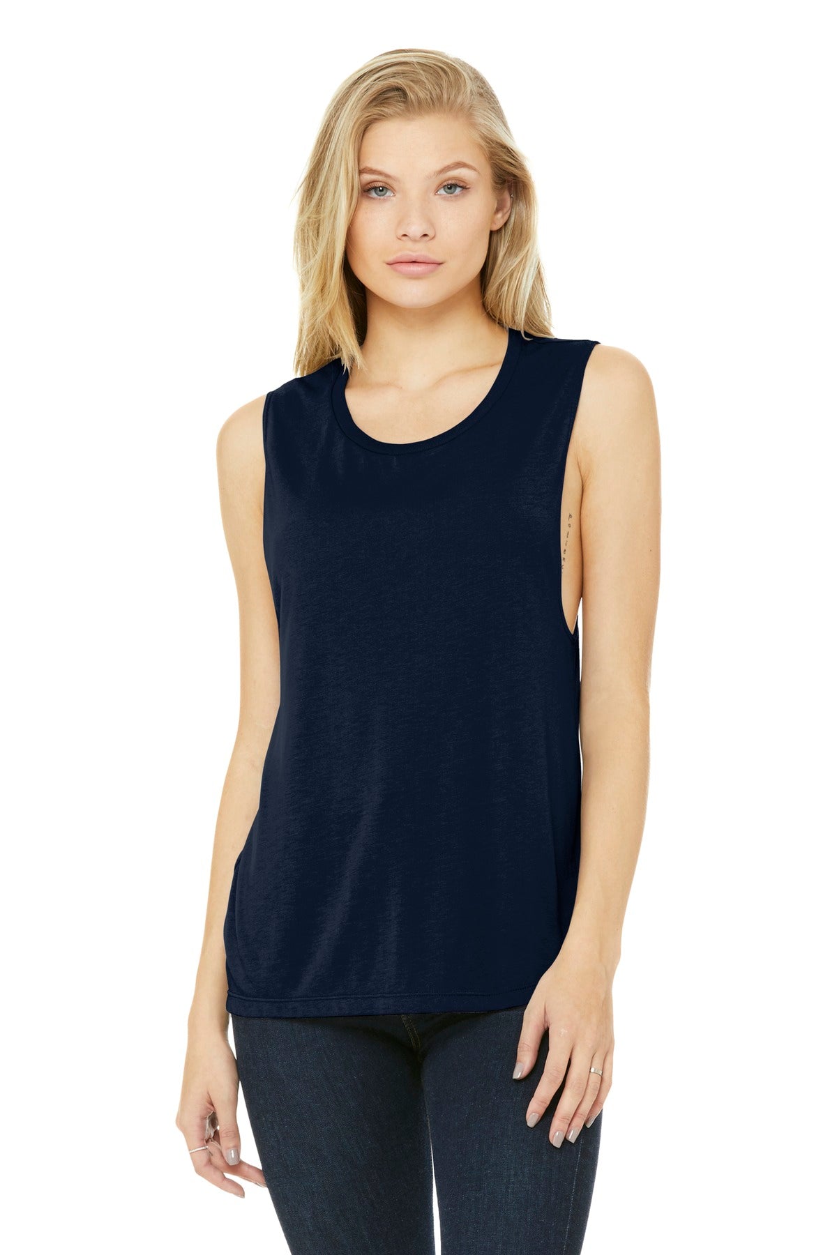 Front View of Midnight BELLA+CANVAS Women's Flowy Scoop Muscle Tank. BC8803