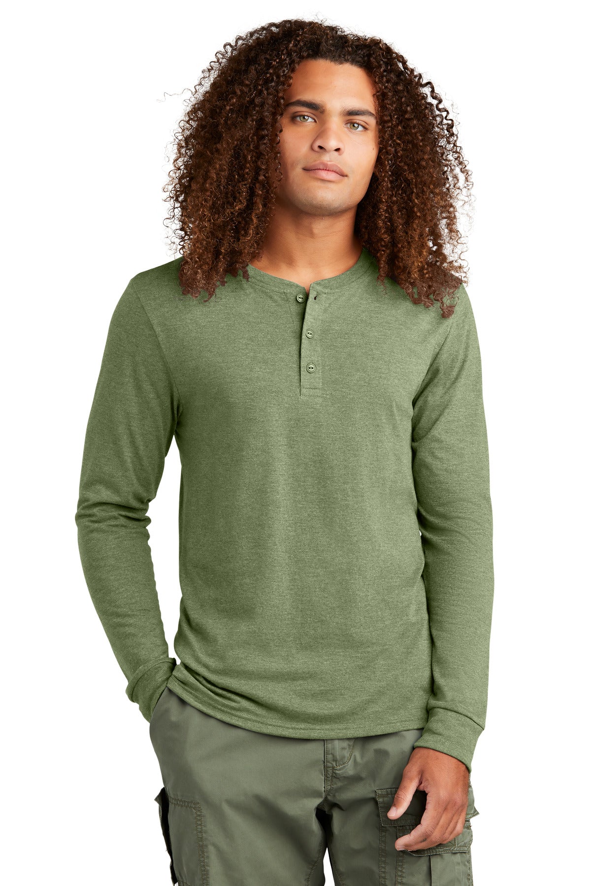 Front View of MilGrnFst District Perfect Tri Long Sleeve Henley DT145