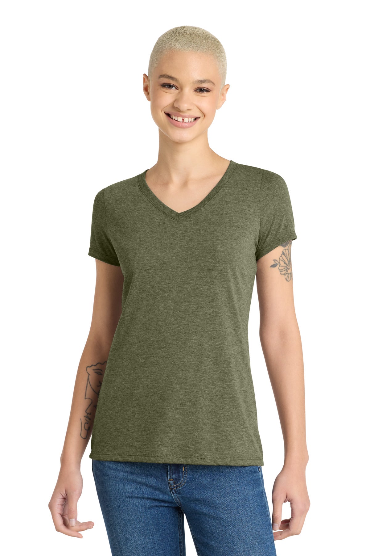 Front View of MilGrnFst District Women's Perfect Tri V-Neck Tee. DM1350L