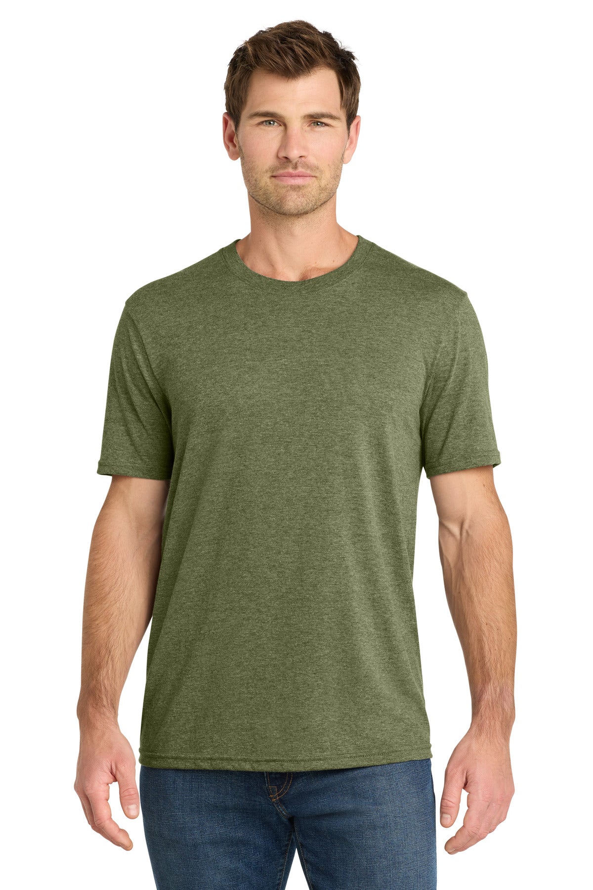 Front View of MilGrnHtr Volunteer Knitwear Tri Tee VL40