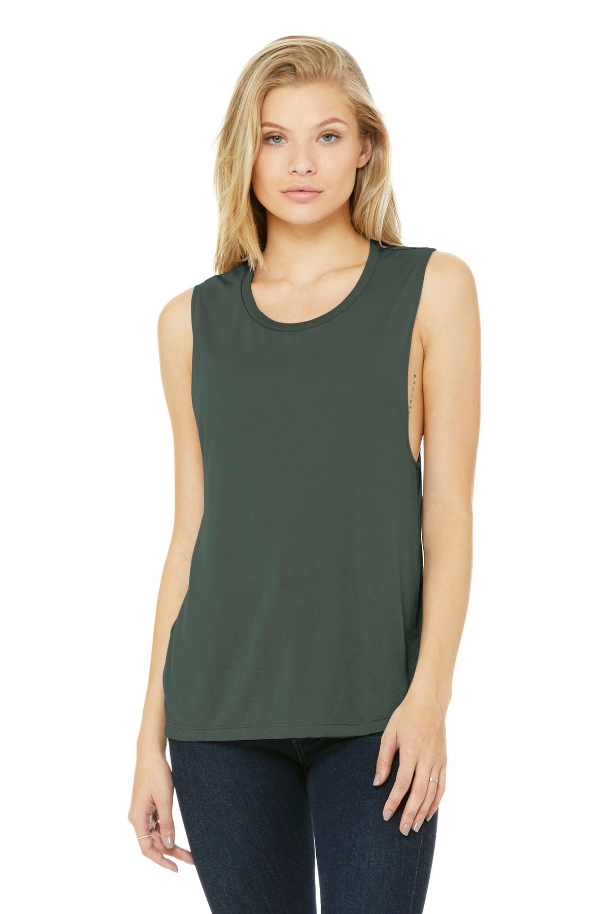 Front View of Military Green BELLA+CANVAS Women's Flowy Scoop Muscle Tank. BC8803
