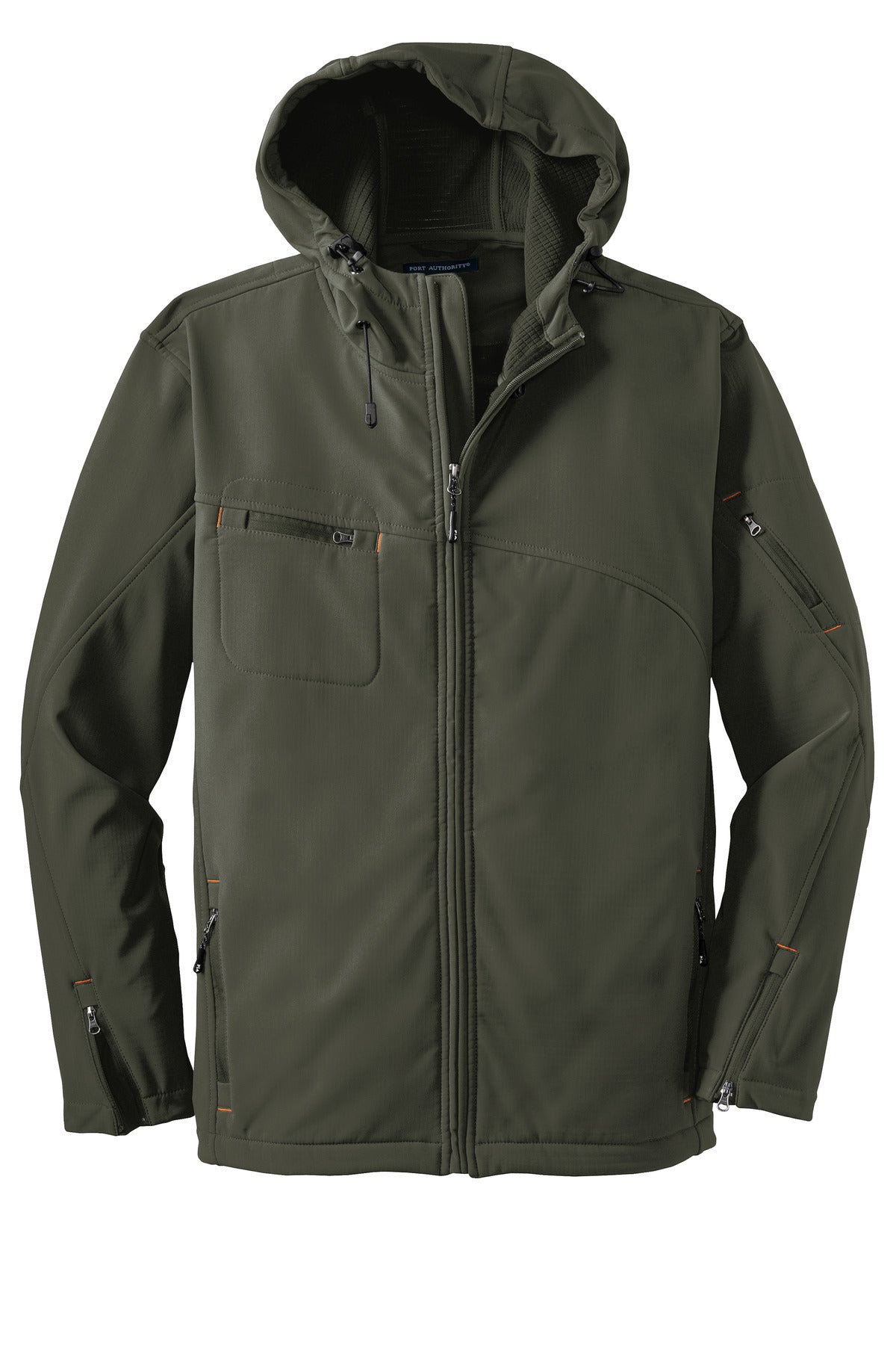 Front View of Mineral Green Port Authority Textured Hooded Soft Shell Jacket. J706