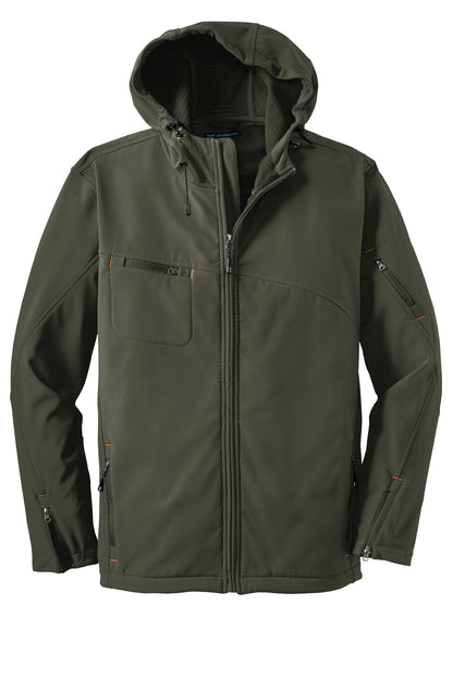 Front View of Mineral Green Port Authority Textured Hooded Soft Shell Jacket. J706