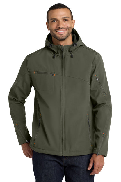 Front View of Mineral Green Port Authority Textured Hooded Soft Shell Jacket. J706