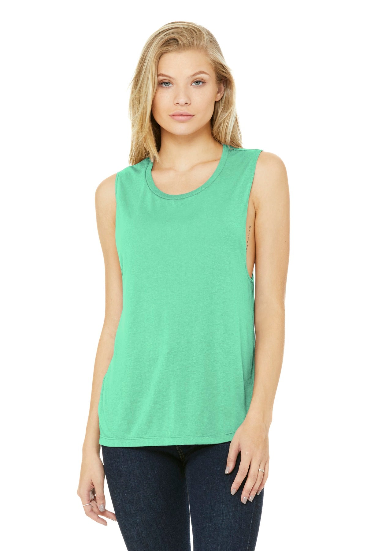Front View of Mint BELLA+CANVAS Women's Flowy Scoop Muscle Tank. BC8803