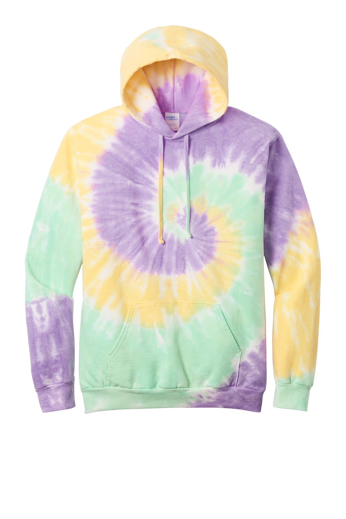 Front View of MintRnbw Port & Company Tie-Dye Pullover Hooded Sweatshirt. PC146