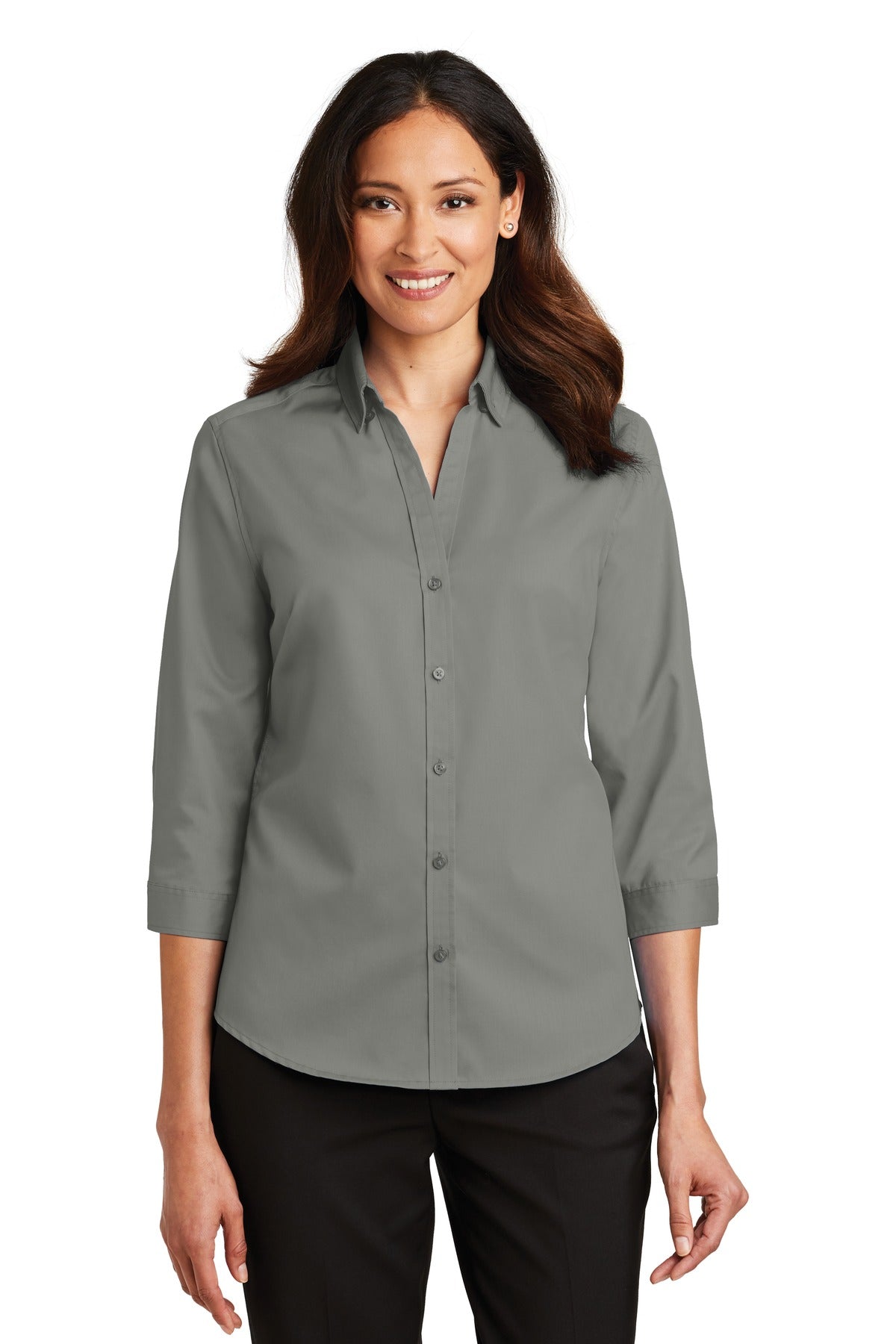 Front View of Monument Grey Port Authority Women's 3/4-Sleeve SuperPro Twill Shirt. L665