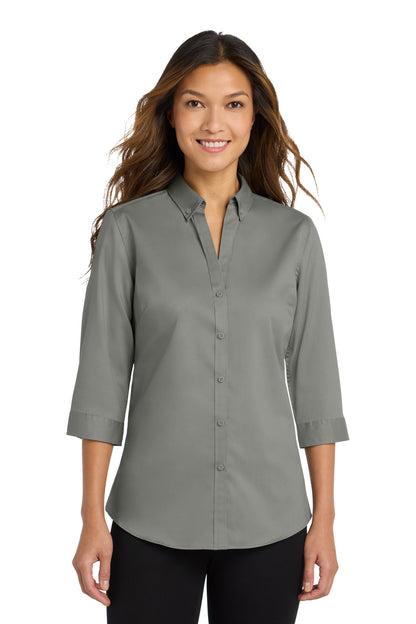 Front View of Monument Grey Port Authority Women's 3/4-Sleeve SuperPro Twill Shirt. L665