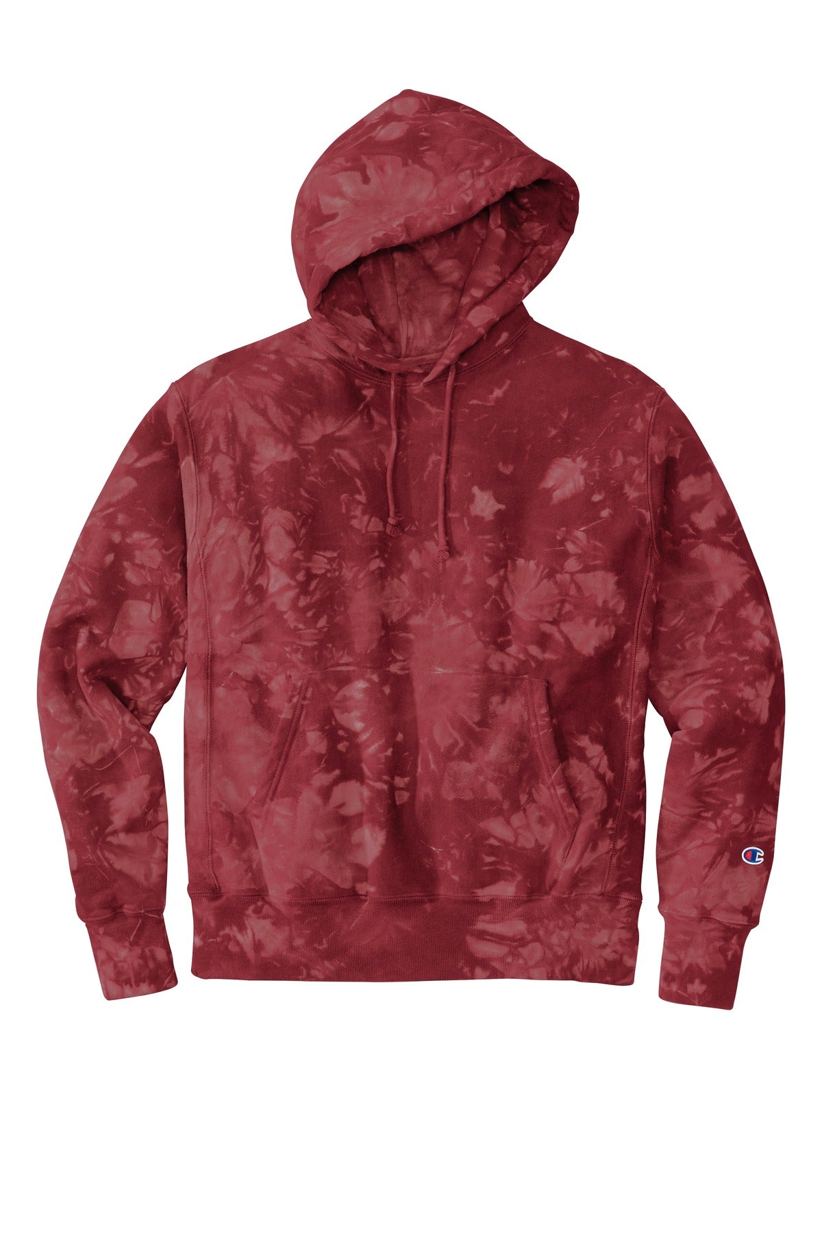 Front View of MulledBry Champion Reverse Weave Scrunch-Dye Tie-Dye Hooded Sweatshirt. TDS101