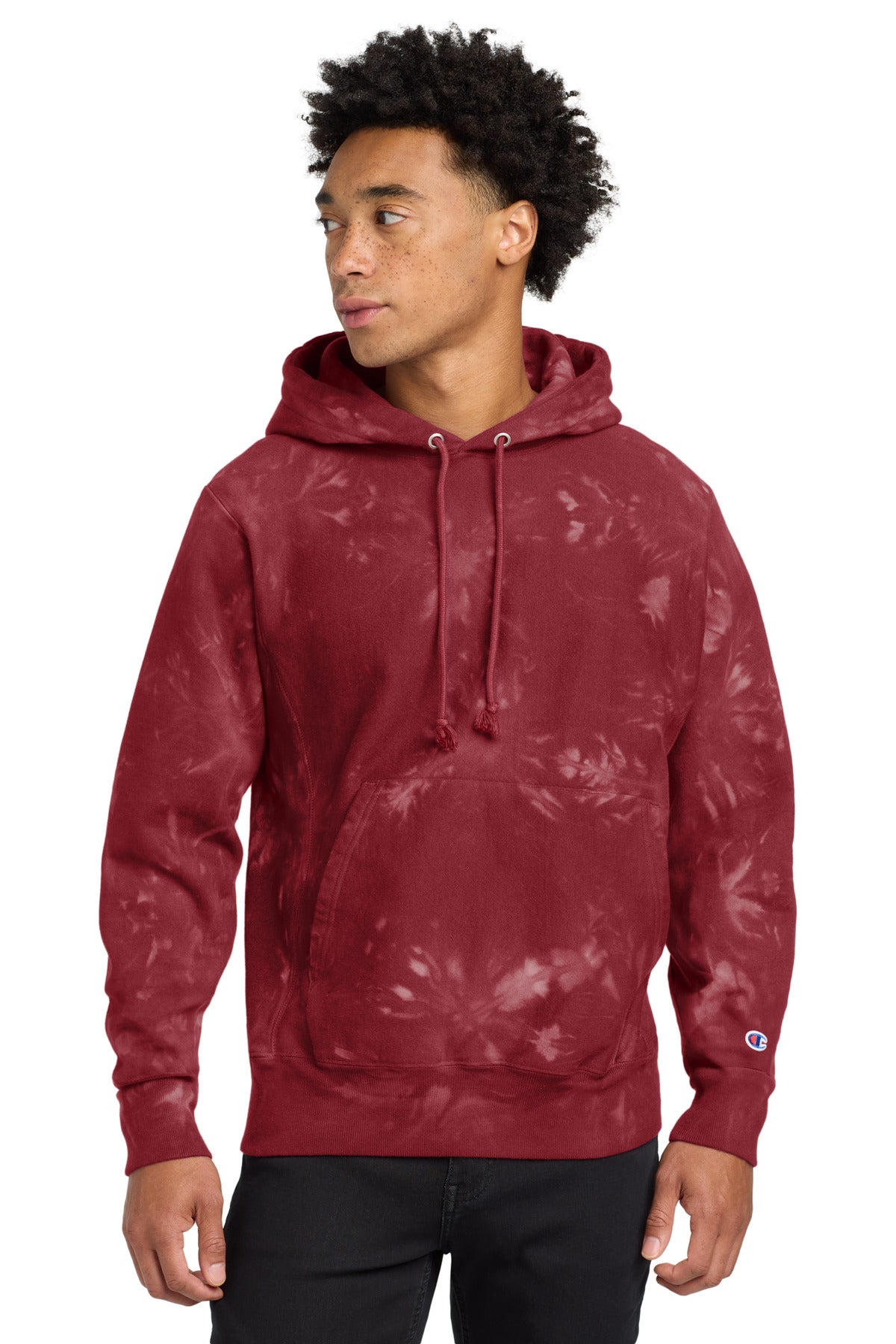 Front View of MulledBry Champion Reverse Weave Scrunch-Dye Tie-Dye Hooded Sweatshirt. TDS101