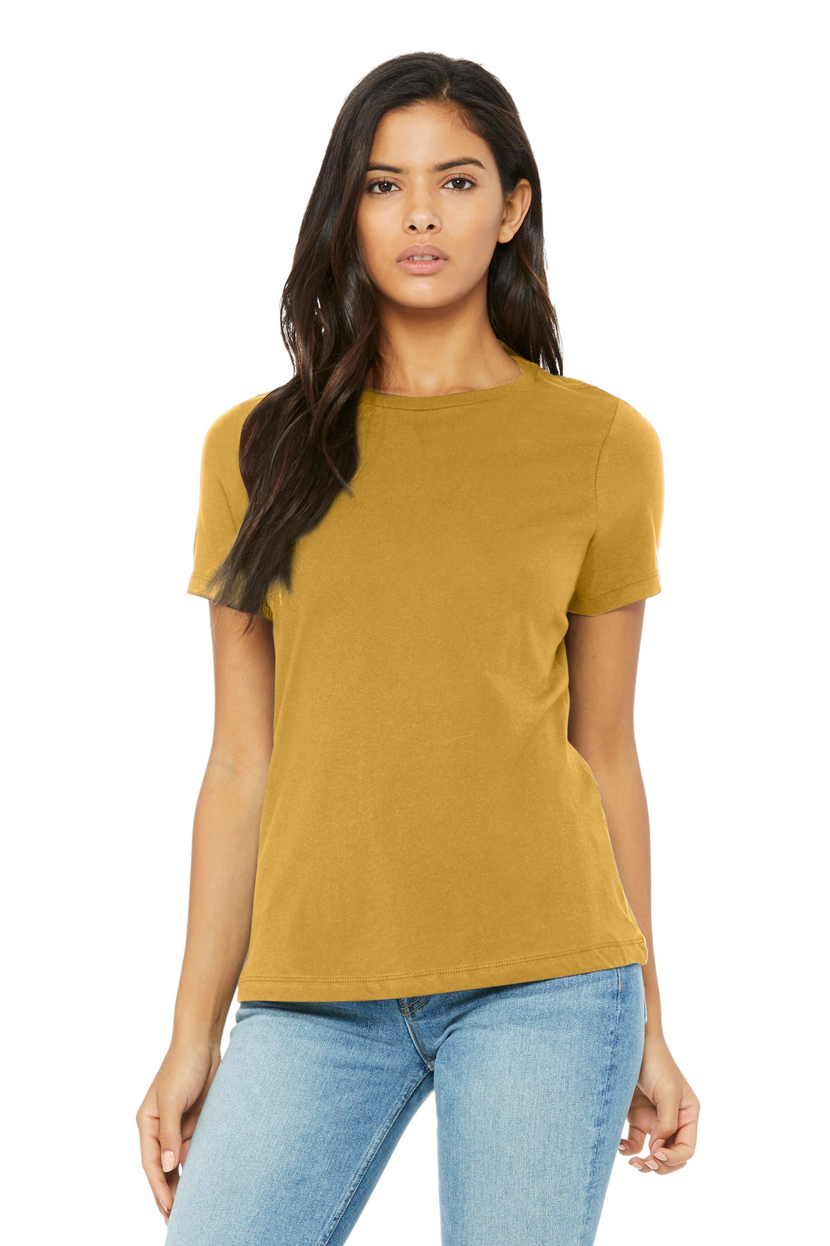 Front View of MustardTB BELLA+CANVAS Women's Relaxed Triblend Tee BC6413