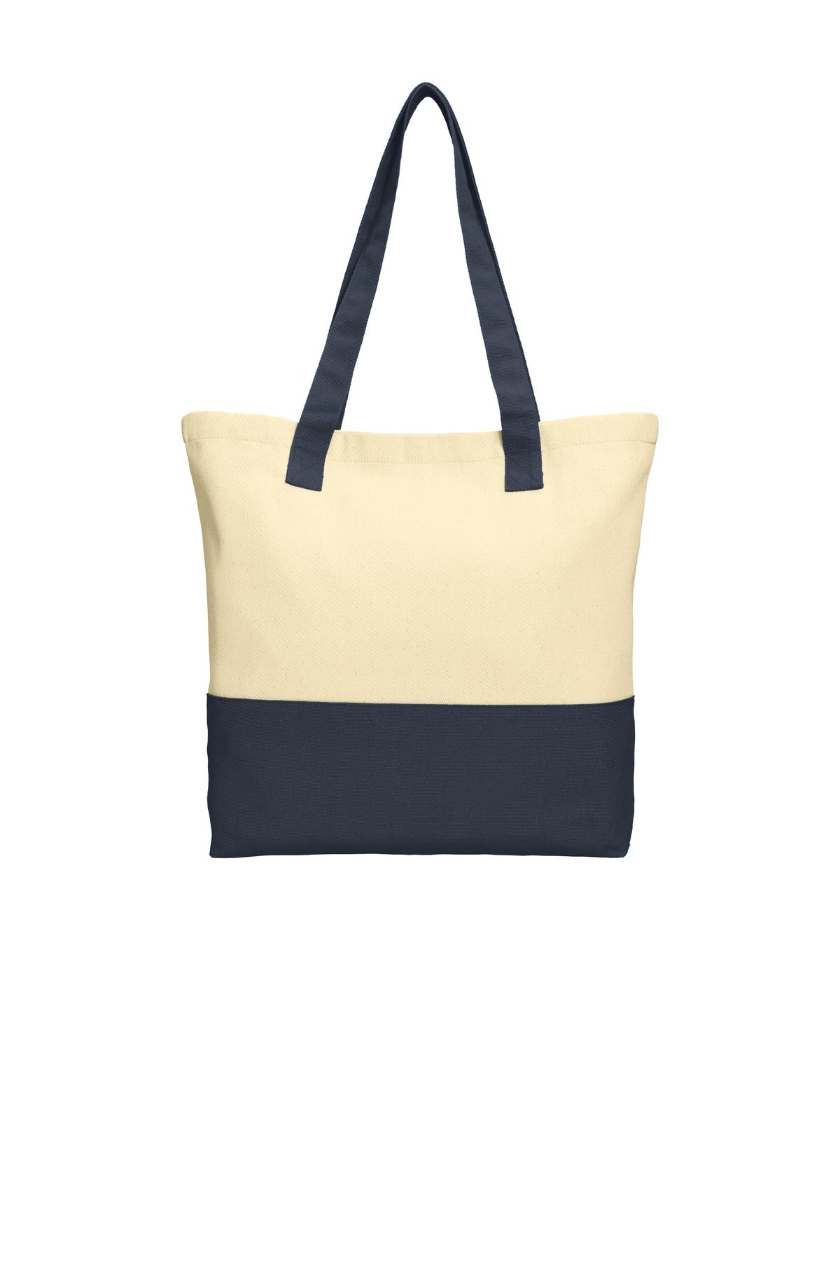 Front View of Nat/Navy Port Authority Colorblock Cotton Tote. BG414