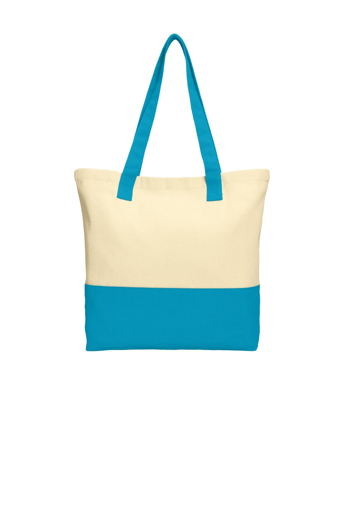 Front View of Nat/Turquoise Port Authority Colorblock Cotton Tote. BG414