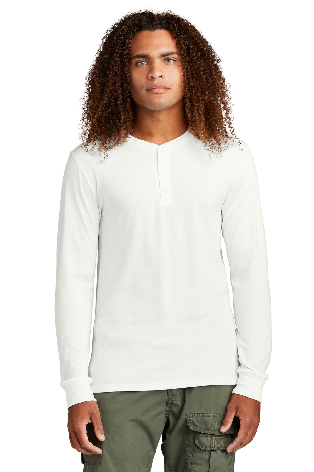 Front View of Natural District Perfect Tri Long Sleeve Henley DT145