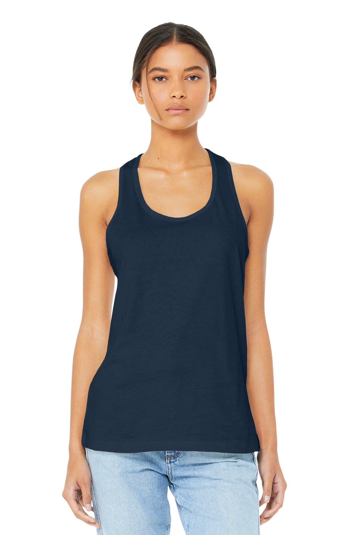 Front View of Navy BELLA+CANVAS Women's Jersey Racerback Tank. BC6008