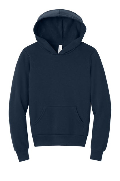 Front View of Navy BELLA+CANVAS Youth Sponge Fleece Pullover Hoodie BC3719Y