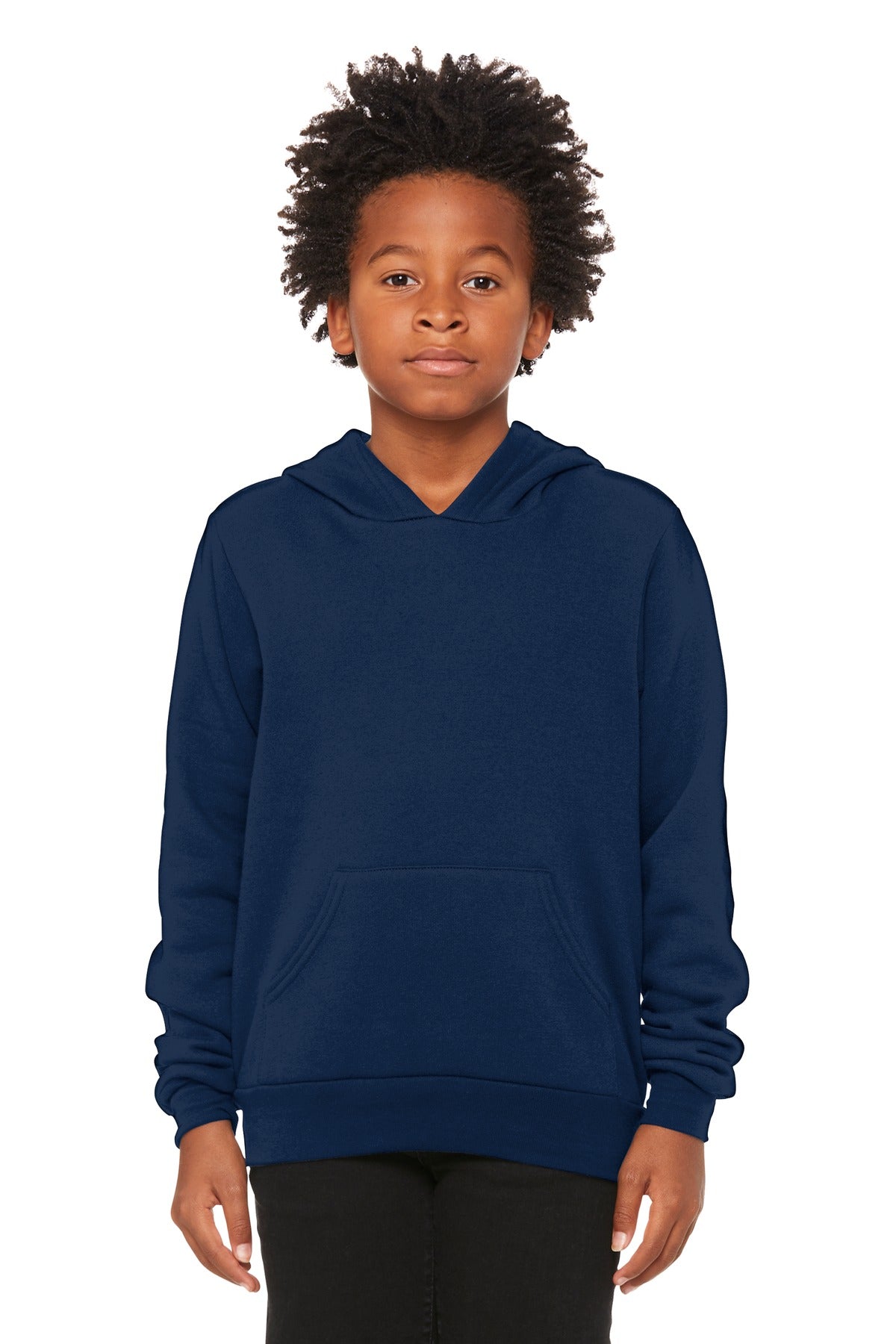 Front View of Navy BELLA+CANVAS Youth Sponge Fleece Pullover Hoodie BC3719Y