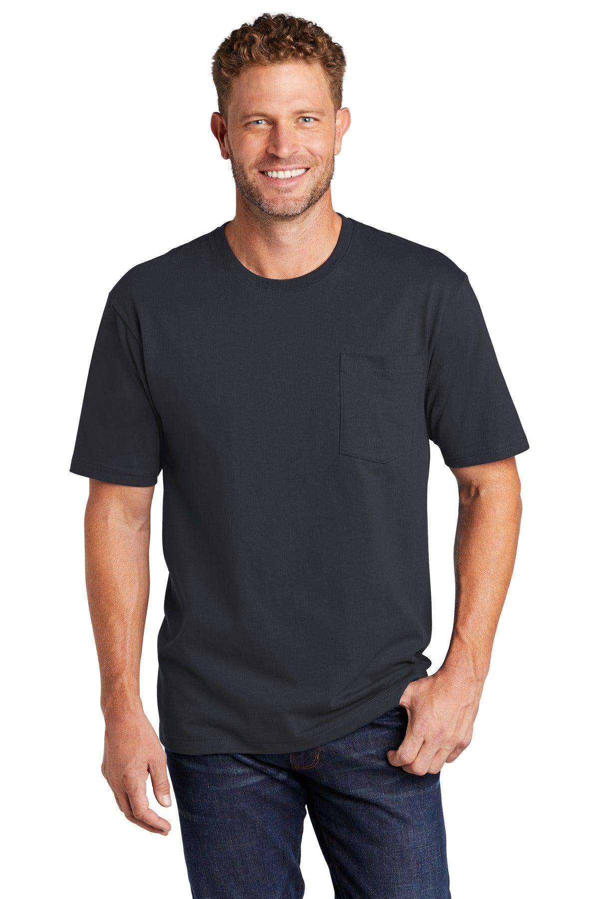 Front View of Navy Blue CornerStone Workwear Pocket Tee CS430
