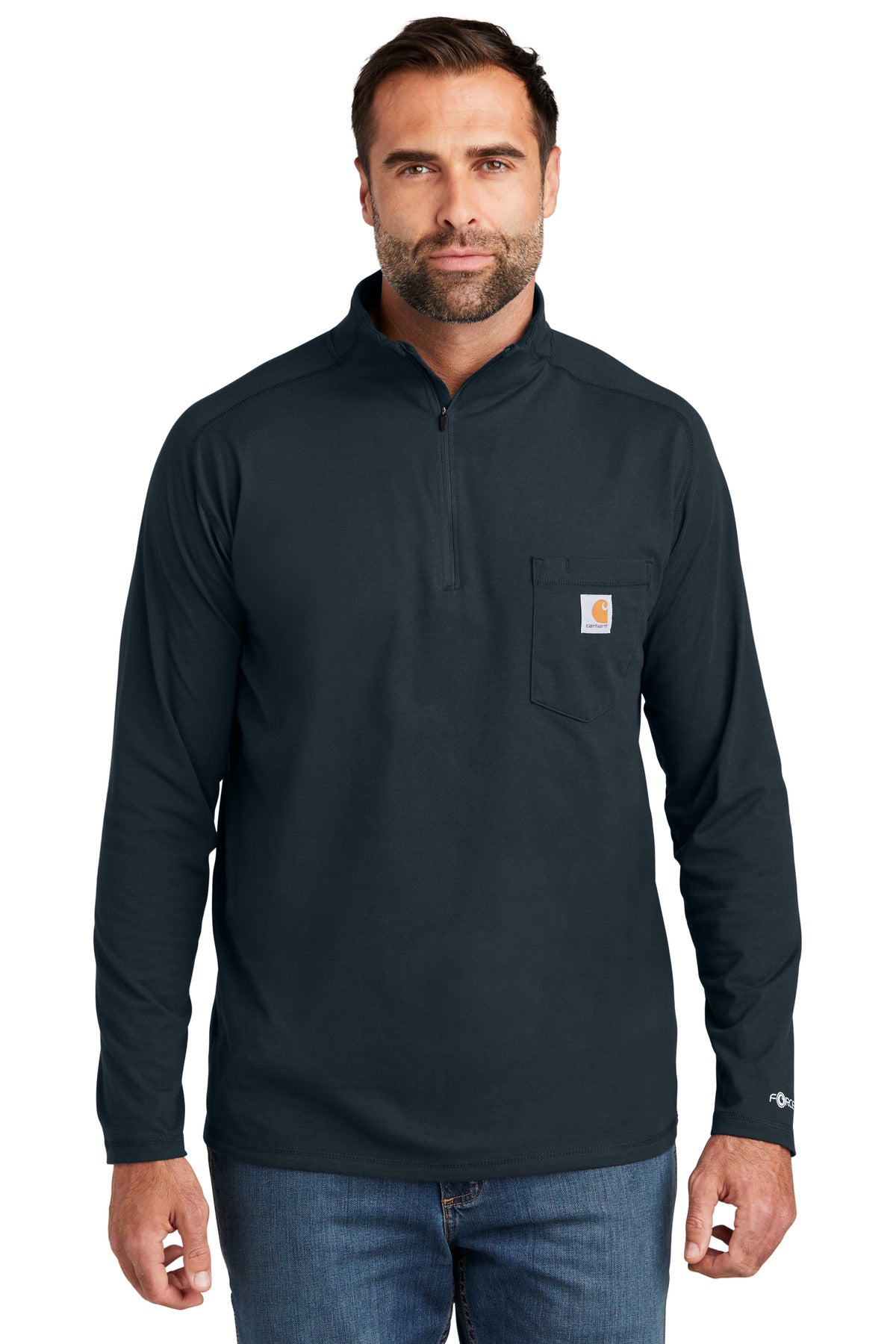 Front View of Navy Carhartt Force 1/4-Zip Long Sleeve T-Shirt CT106660