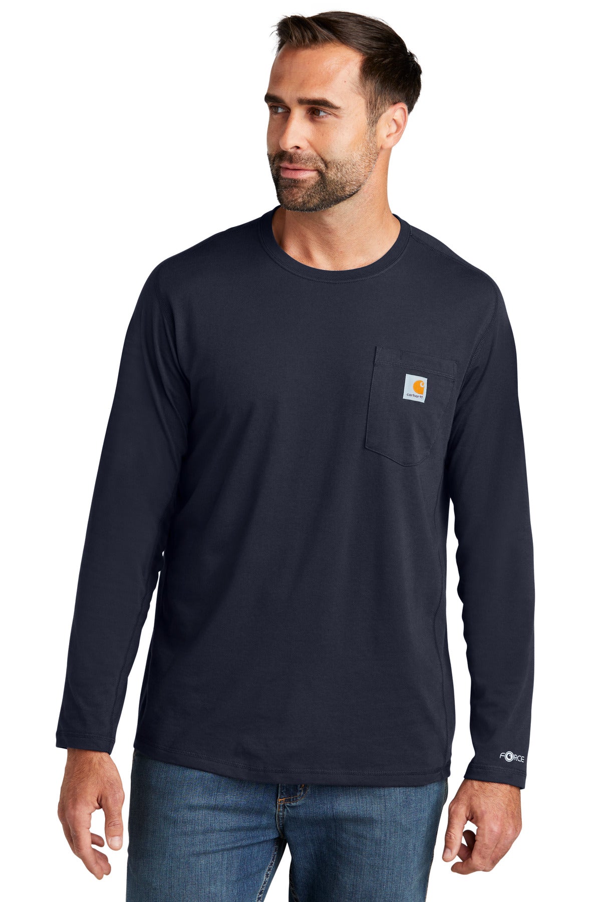 Front View of Navy Carhartt Force Long Sleeve Pocket T-Shirt CT106656