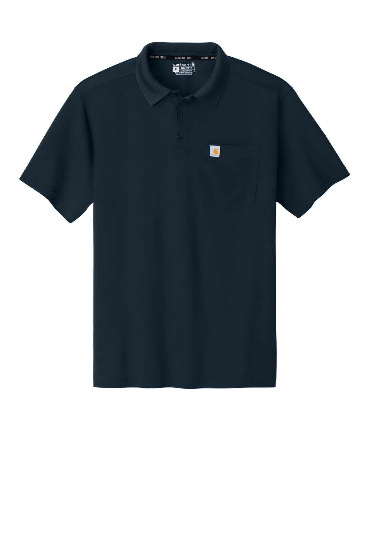 Front View of Navy Carhartt Force Snag-Resistant Pocket Polo CT106880