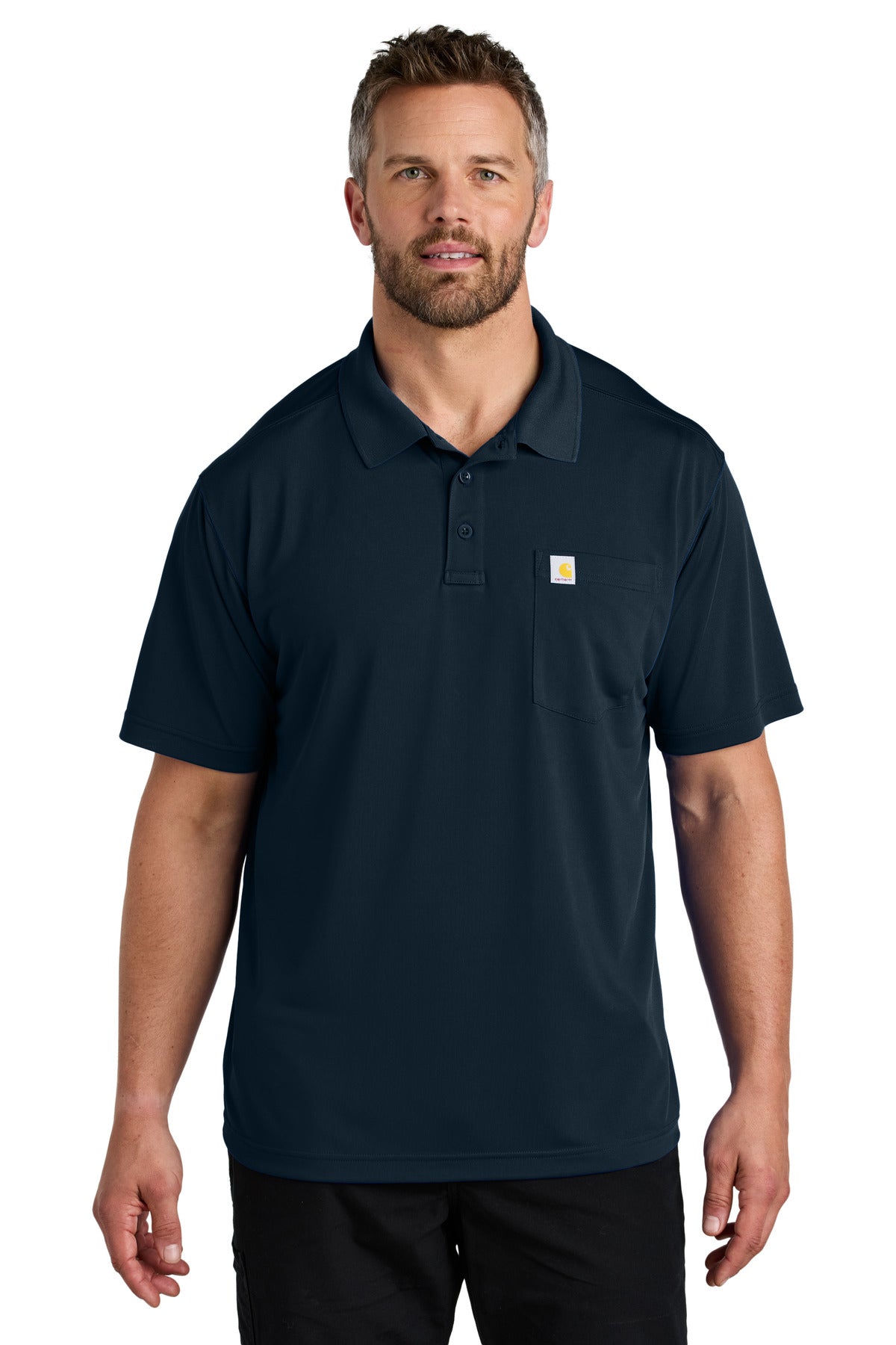 Front View of Navy Carhartt Force Snag-Resistant Pocket Polo CT106880