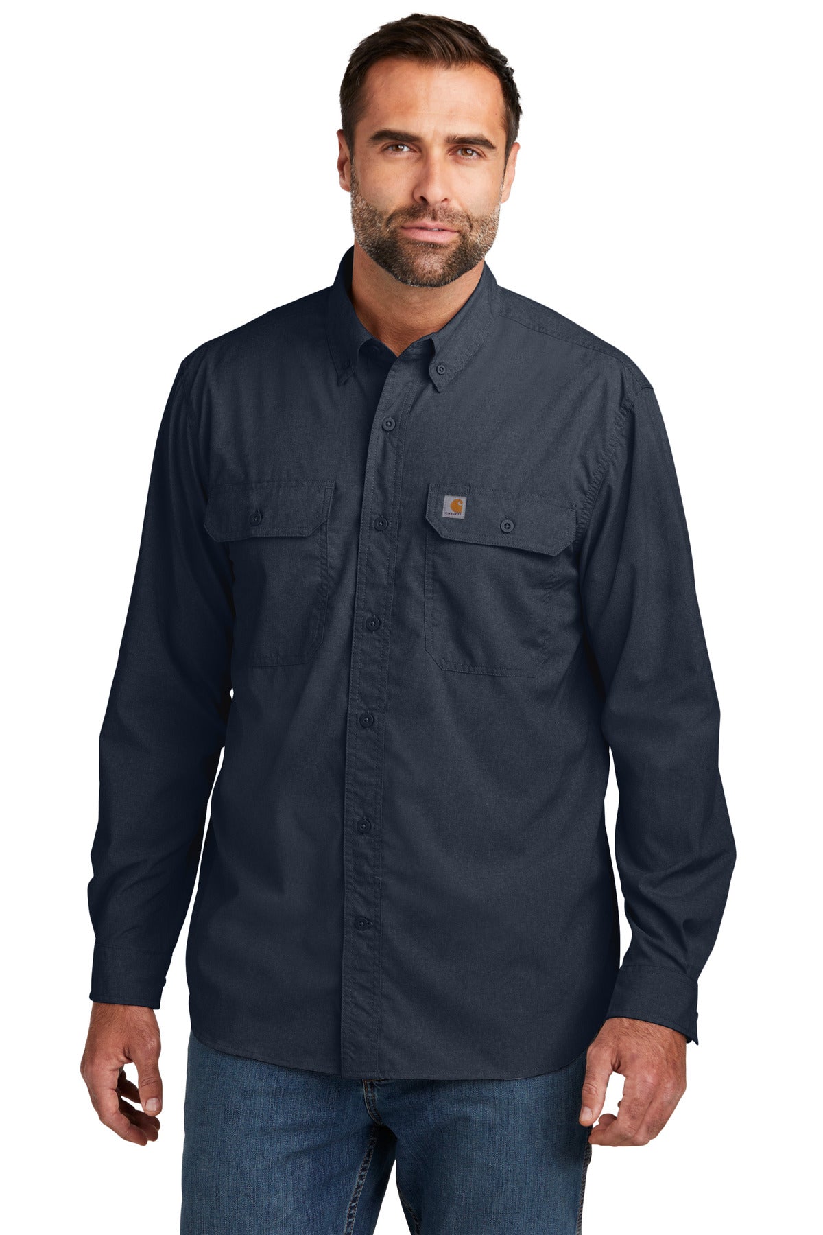 Front View of Navy Carhartt Force Solid Long Sleeve Shirt CT105291