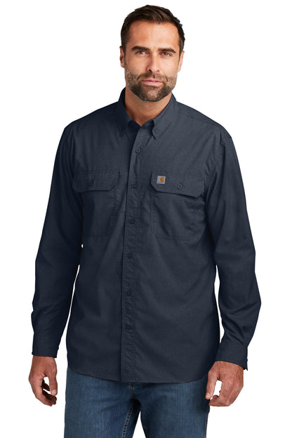 Front View of Navy Carhartt Force Solid Long Sleeve Shirt CT105291