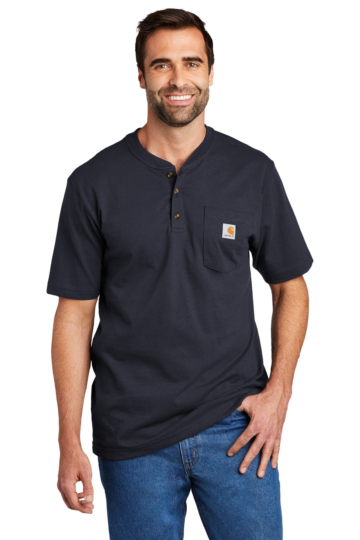 Front View of Navy Carhartt Short Sleeve Henley T-Shirt CTK84