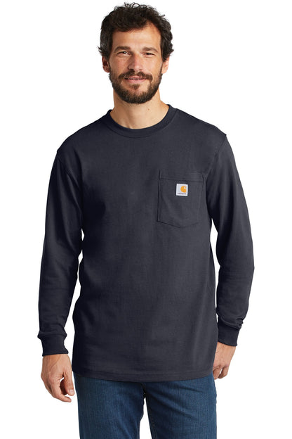Front View of Navy Carhartt Workwear Pocket Long Sleeve T-Shirt. CTK126