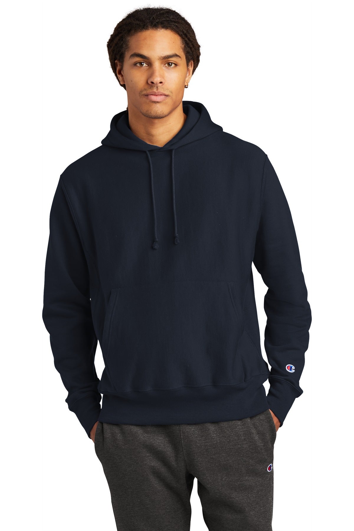 Front View of Navy Champion Reverse Weave Hooded Sweatshirt S101