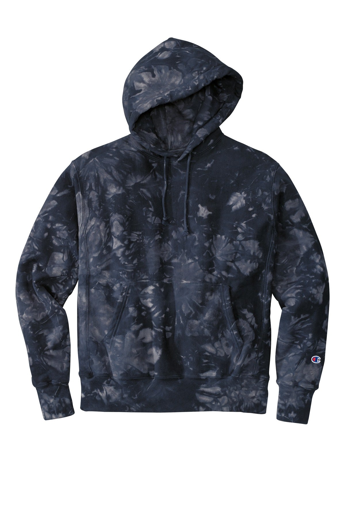 Front View of Navy Champion Reverse Weave Scrunch-Dye Tie-Dye Hooded Sweatshirt. TDS101