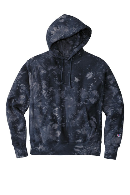 Front View of Navy Champion Reverse Weave Scrunch-Dye Tie-Dye Hooded Sweatshirt. TDS101