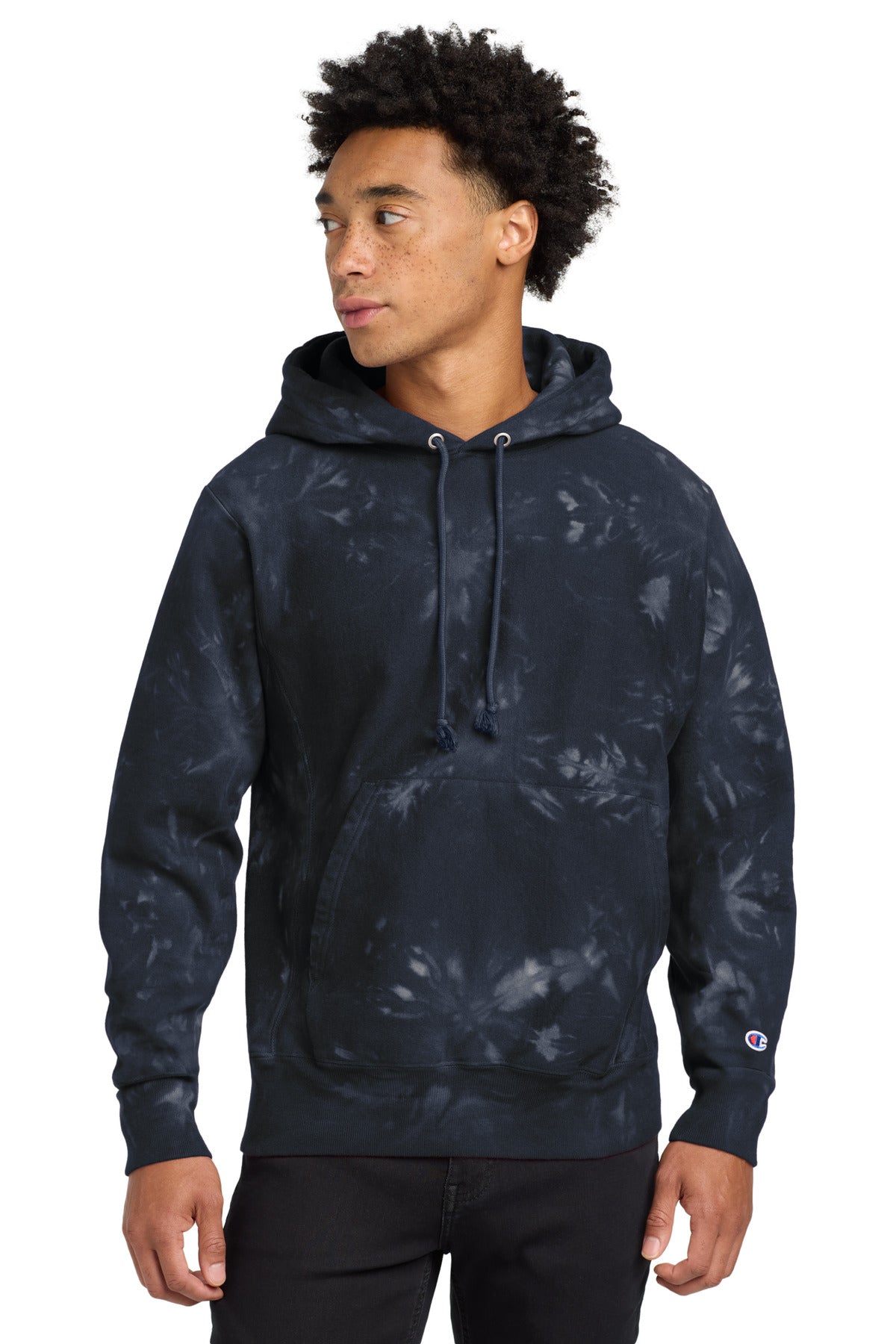 Front View of Navy Champion Reverse Weave Scrunch-Dye Tie-Dye Hooded Sweatshirt. TDS101