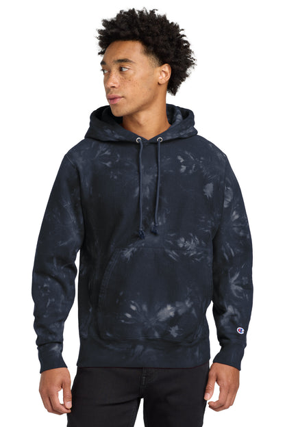 Front View of Navy Champion Reverse Weave Scrunch-Dye Tie-Dye Hooded Sweatshirt. TDS101