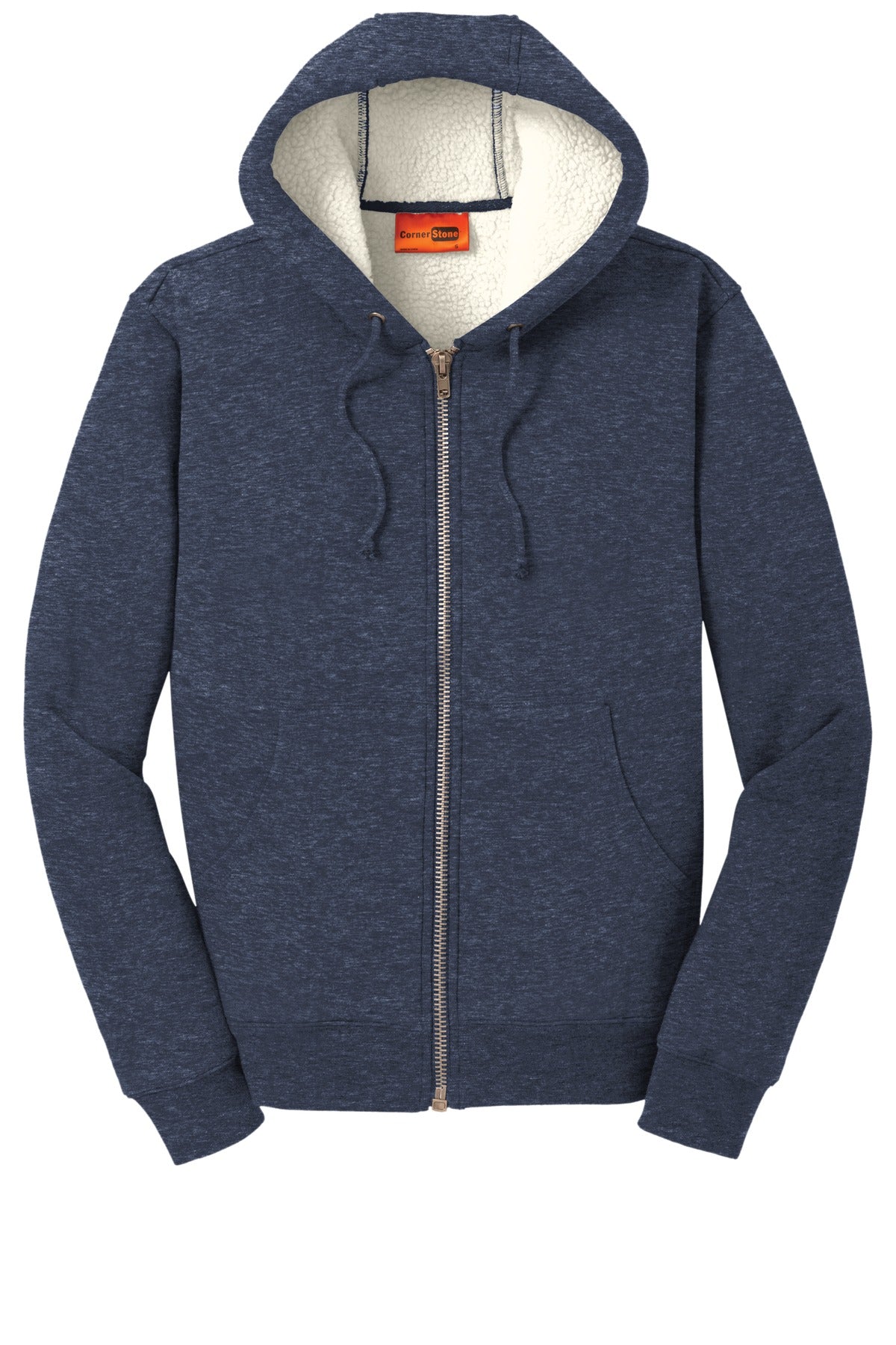 Front View of Navy CornerStone Heavyweight Sherpa-Lined Hooded Fleece Jacket. CS625
