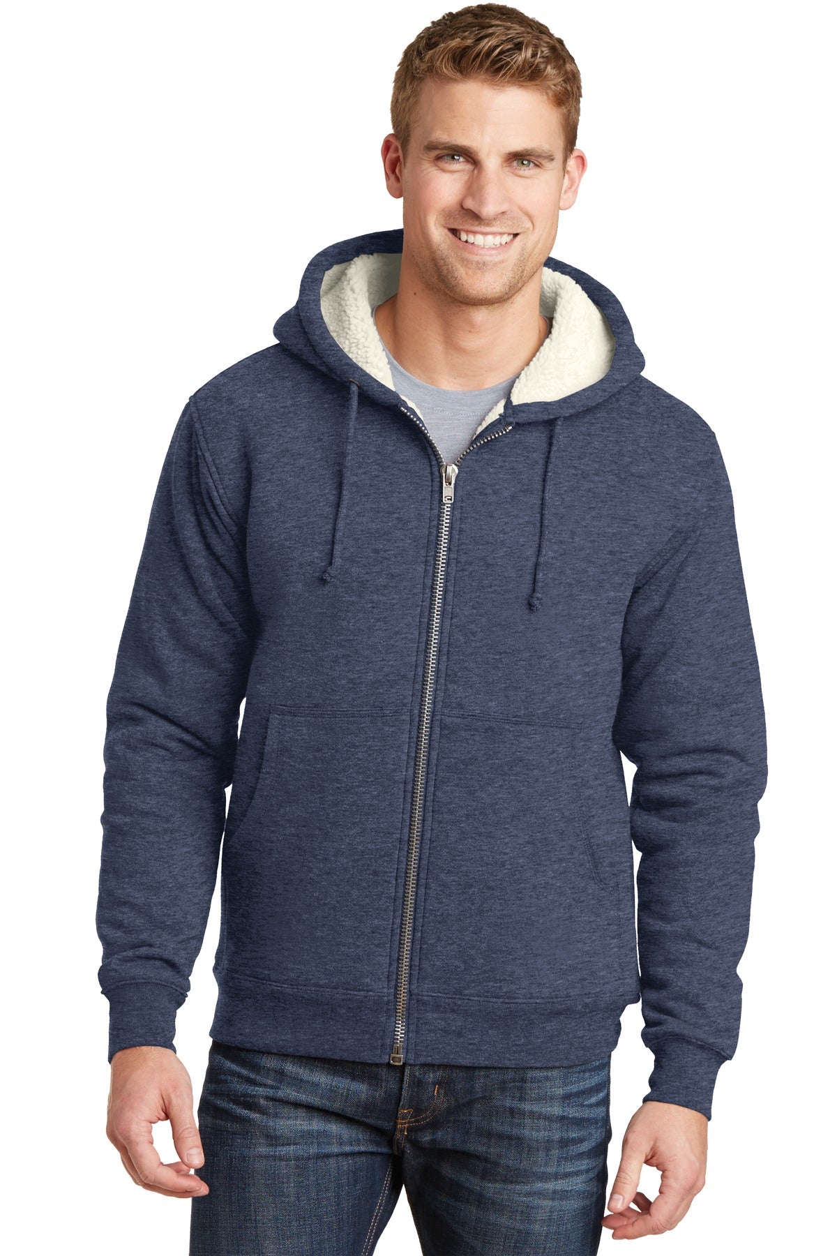 Front View of Navy CornerStone Heavyweight Sherpa-Lined Hooded Fleece Jacket. CS625