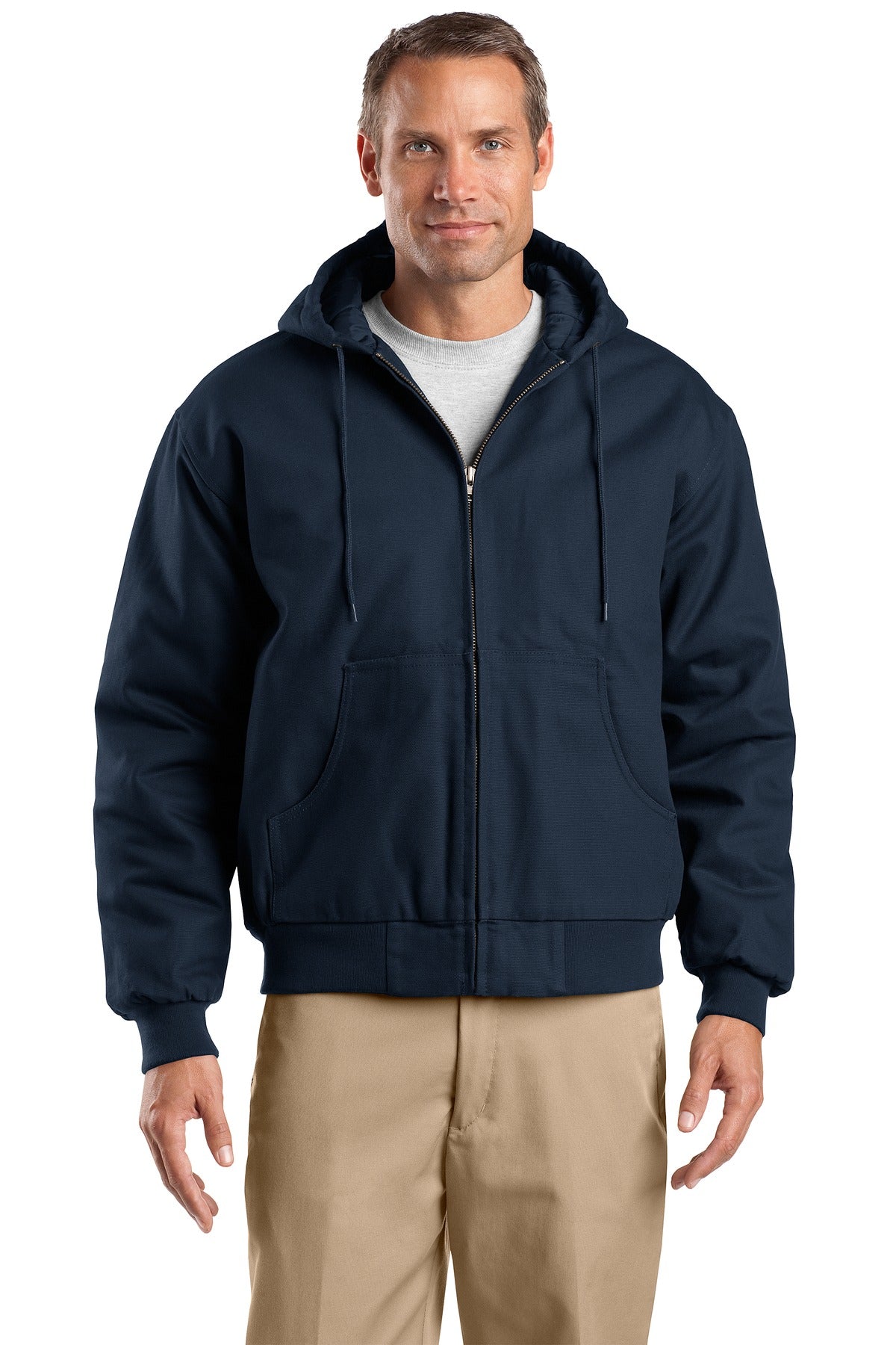 Front View of Navy CornerStone Tall Duck Cloth Hooded Work Jacket. TLJ763H