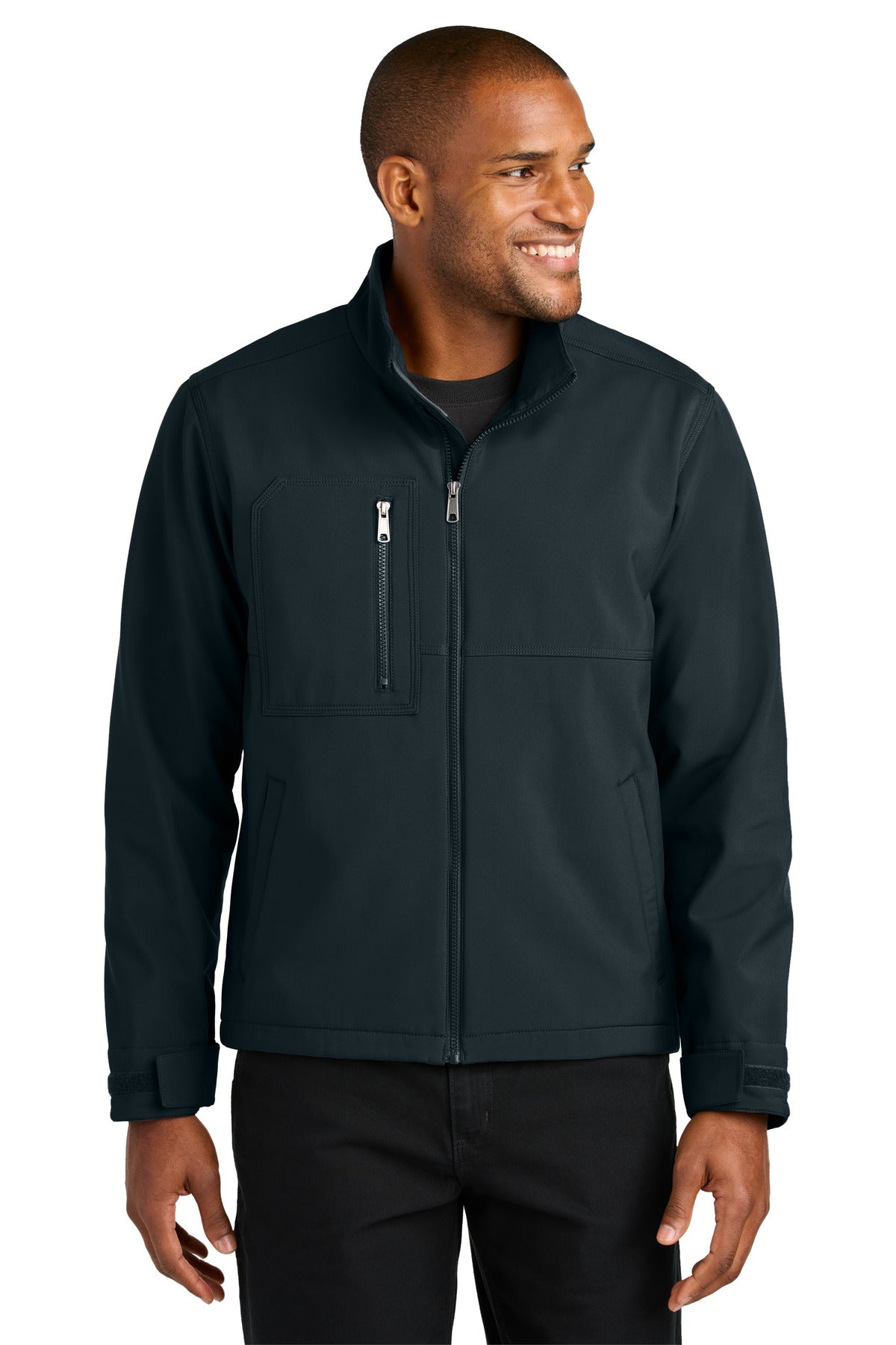 Front View of Navy CornerStone Workwear Soft Shell CSJ70