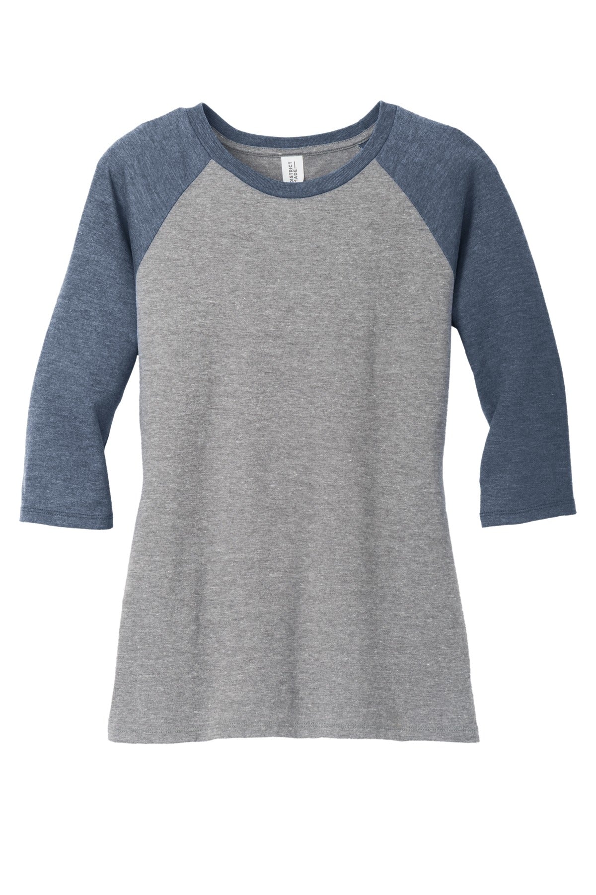 Front View of Navy Fr/Gry Fr District Women's Perfect Tri 3/4-Sleeve Raglan. DM136L