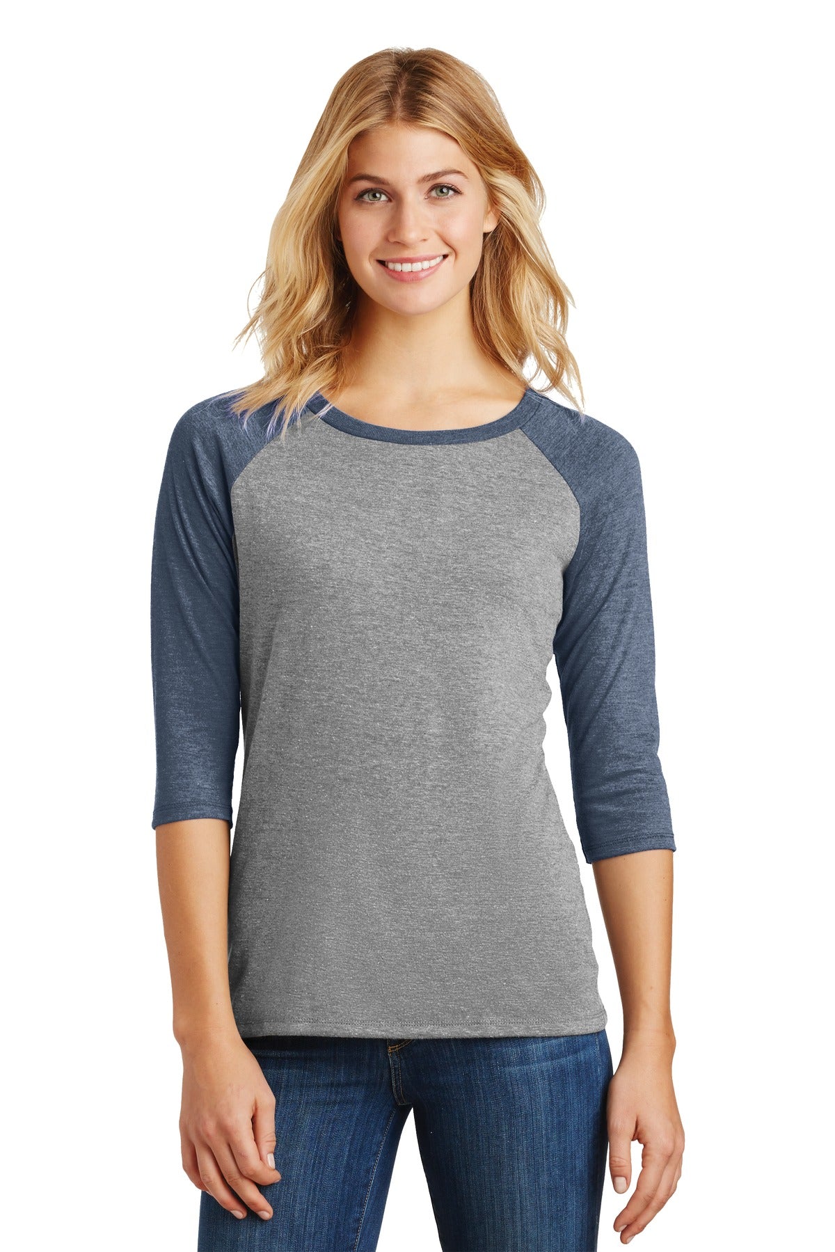 Front View of Navy Fr/Gry Fr District Women's Perfect Tri 3/4-Sleeve Raglan. DM136L