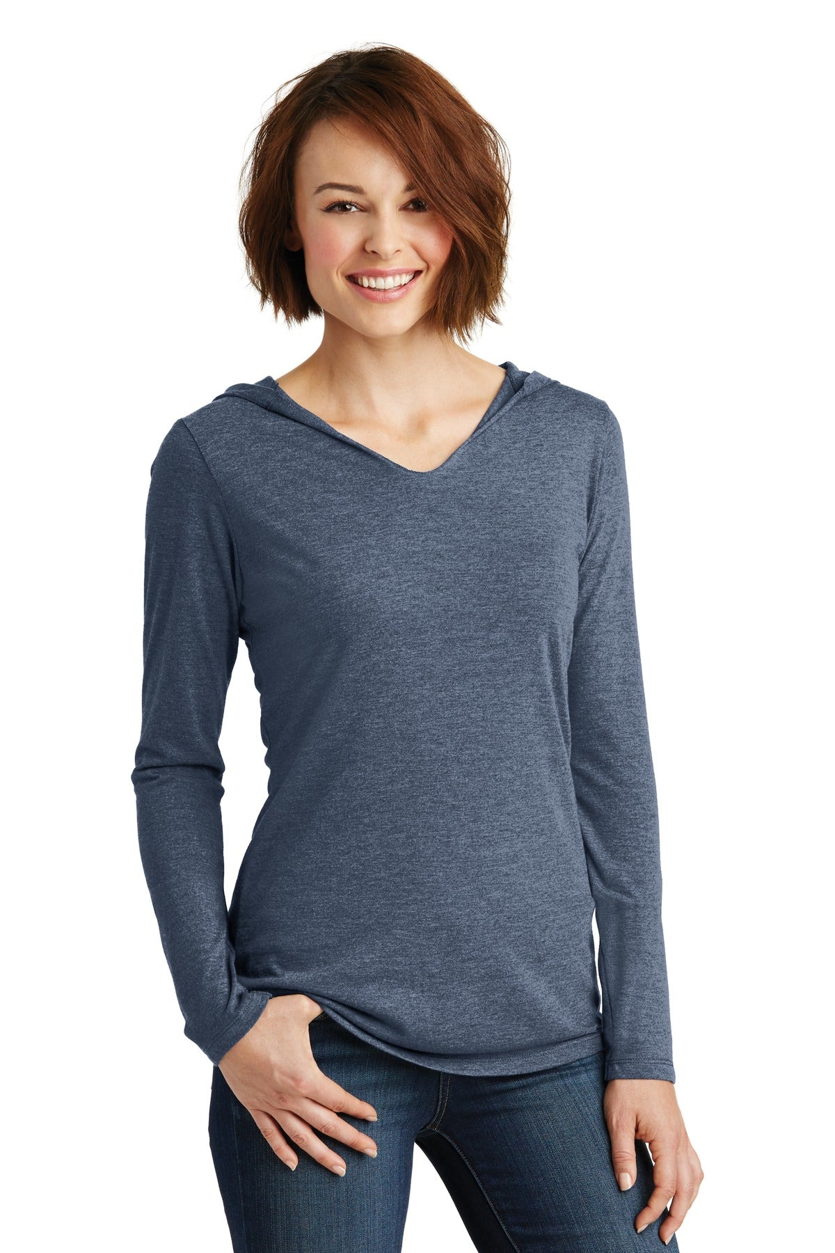 Front View of Navy Frost District Women's Perfect Tri Long Sleeve Hoodie. DM139L