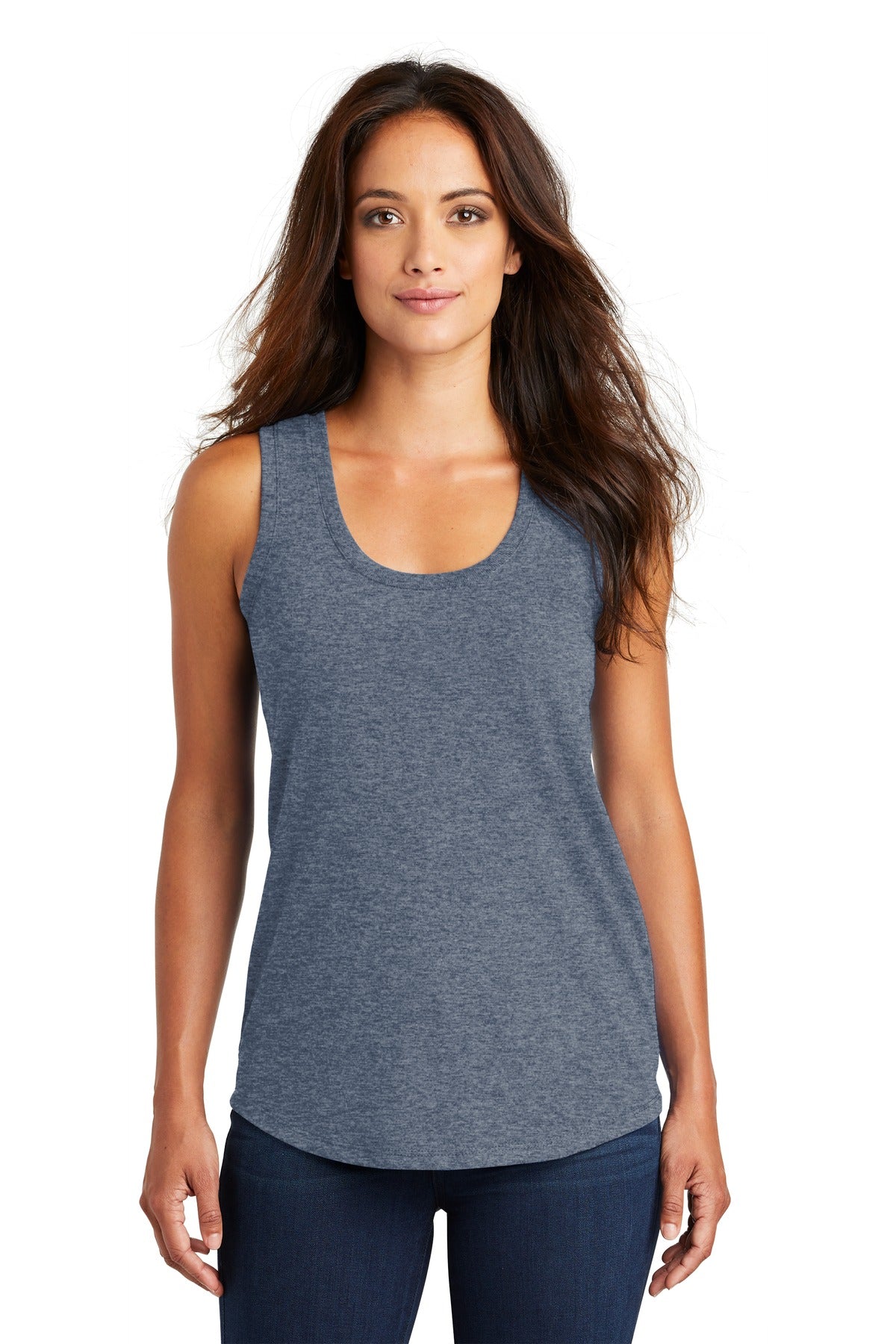 Front View of Navy Frost District Women's Perfect Tri Racerback Tank. DM138L