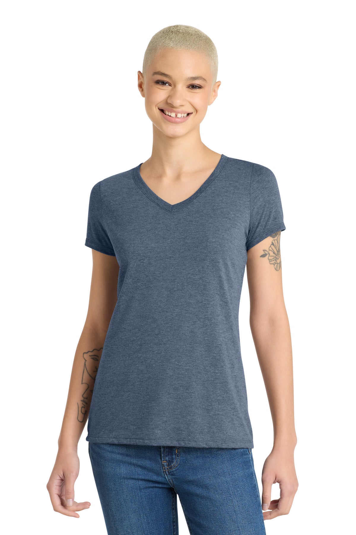 Front View of Navy Frost District Women's Perfect Tri V-Neck Tee. DM1350L