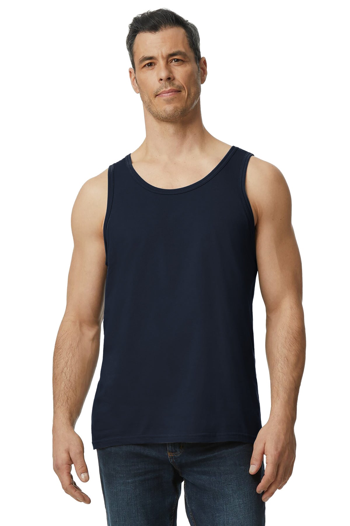 Front View of Navy Gildan Softstyle Tank Top 64200