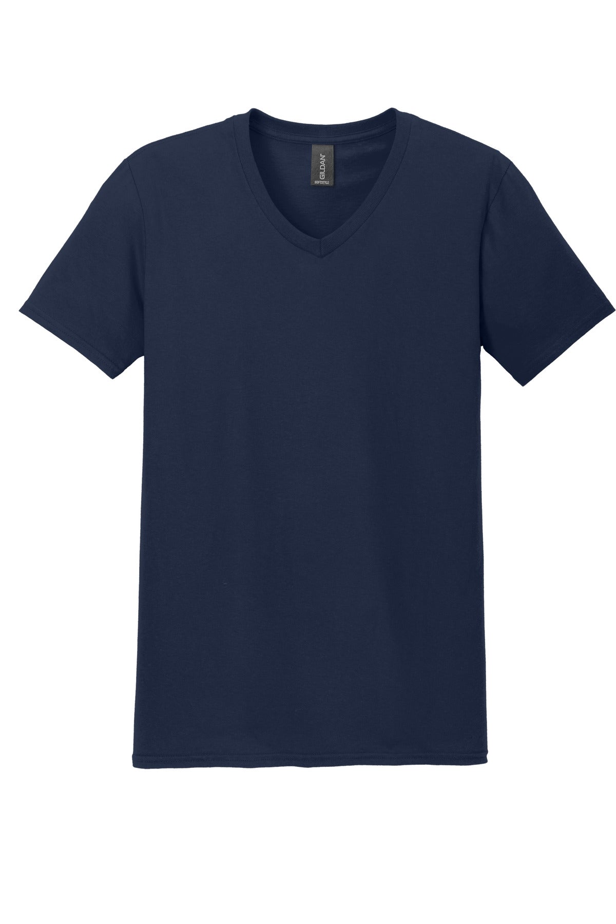 Front View of Navy Gildan Softstyle V-Neck T-Shirt. 64V00