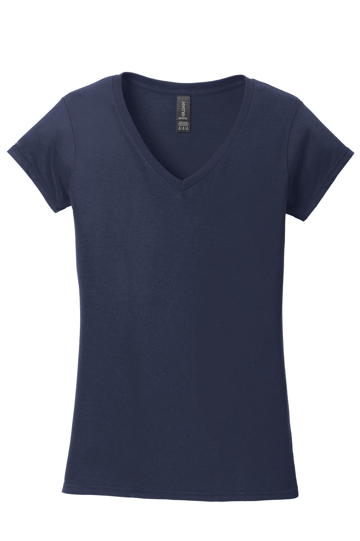 Front View of Navy Gildan Softstyle Women's Fit V-Neck T-Shirt. 64V00L
