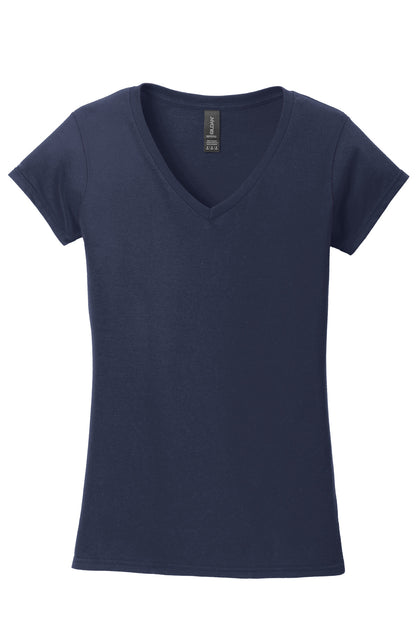 Front View of Navy Gildan Softstyle Women's Fit V-Neck T-Shirt. 64V00L