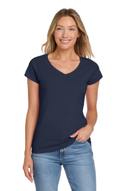 Front View of Navy Gildan Softstyle Women's Fit V-Neck T-Shirt. 64V00L
