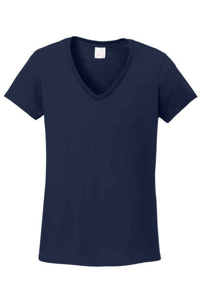Front View of Navy Gildan Women's Heavy Cotton 100% Cotton V-Neck T-Shirt. 5V00L